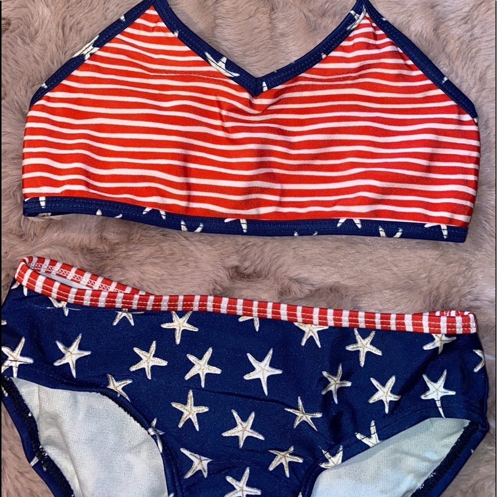 Cat & Jack Small (6/6X) red white & blue USA starfish & striped bikini swimsuit‌ - Picture 5 of 11